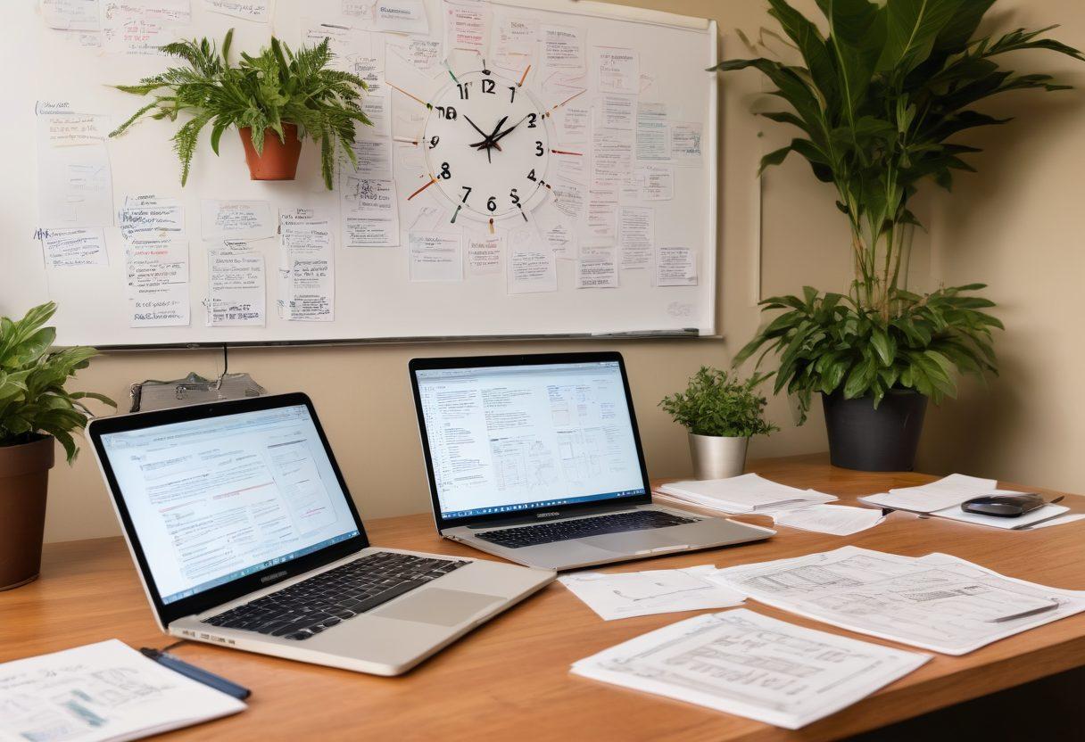 A thoughtful person studying a complex flowchart of property insurance options, surrounded by scattered papers with policy details, graphs, and a laptop showing insurance websites. A cozy office setting with warm lighting and a plant in the corner for a touch of comfort. In the background, a wall clock and a whiteboard filled with notes depicting the key coverage aspects. super-realistic. warm color palette.