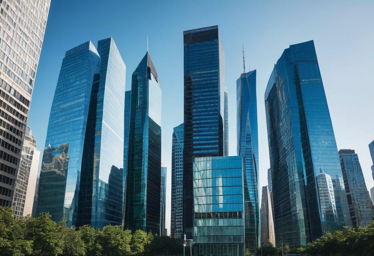 A visually striking scene depicting a large, modern city skyline to represent real estate, with a protective shield overlay symbolizing asset protection. Include elements like property icons, insurance documents, and warning signs subtly integrated into the design. The color palette should be professional and engaging, with blue and green tones to evoke trust and stability. super-realistic, vibrant colors, dynamic composition.