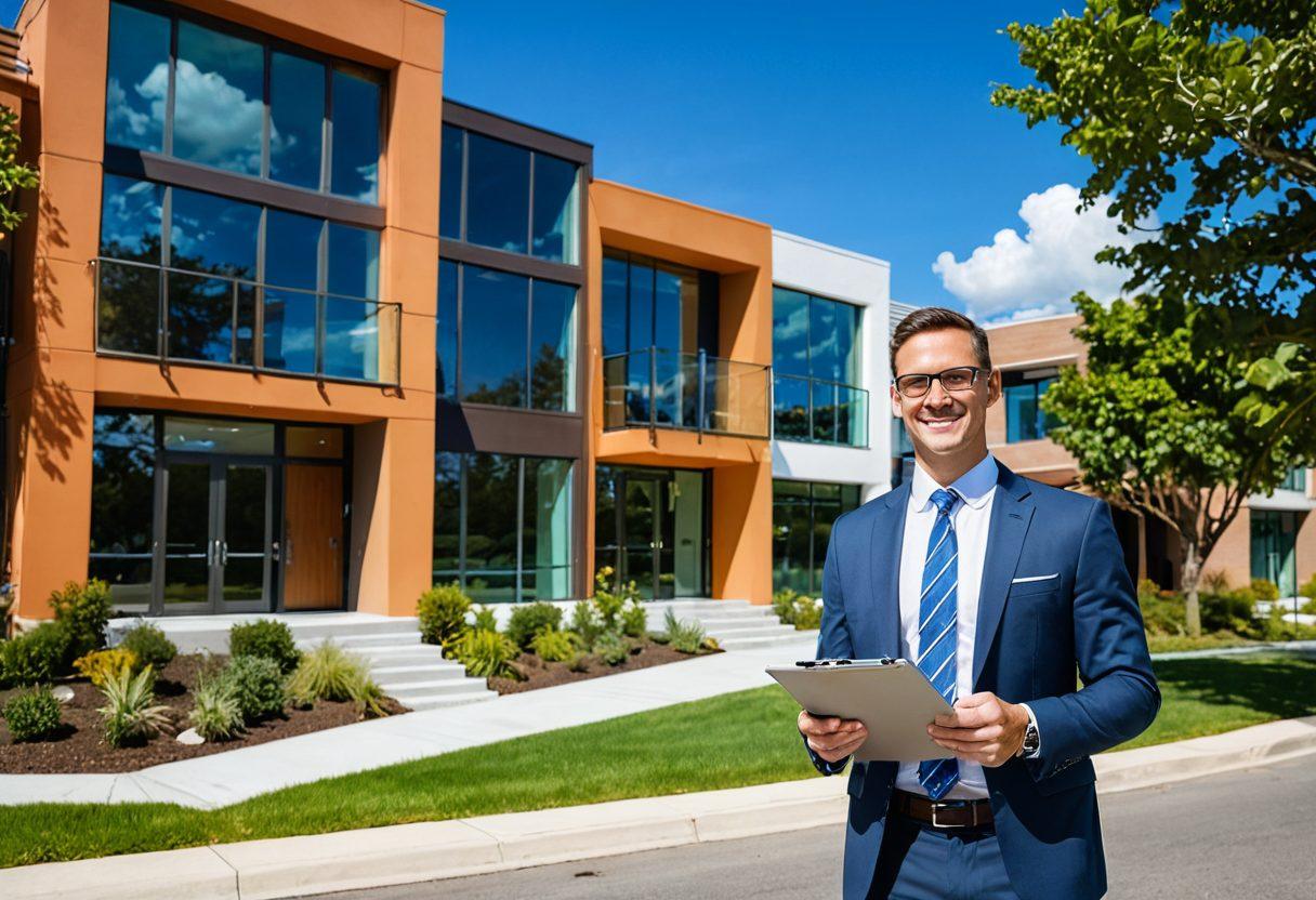 A split scene showcasing a cozy suburban home on one side and a sleek commercial building on the other. In the center, a friendly insurance agent with a clipboard, evaluating both properties. The backdrop features a bright sky symbolizing security and protection. Include visual insurance elements like shield icons subtly integrated into the buildings. vibrant colors. super-realistic.